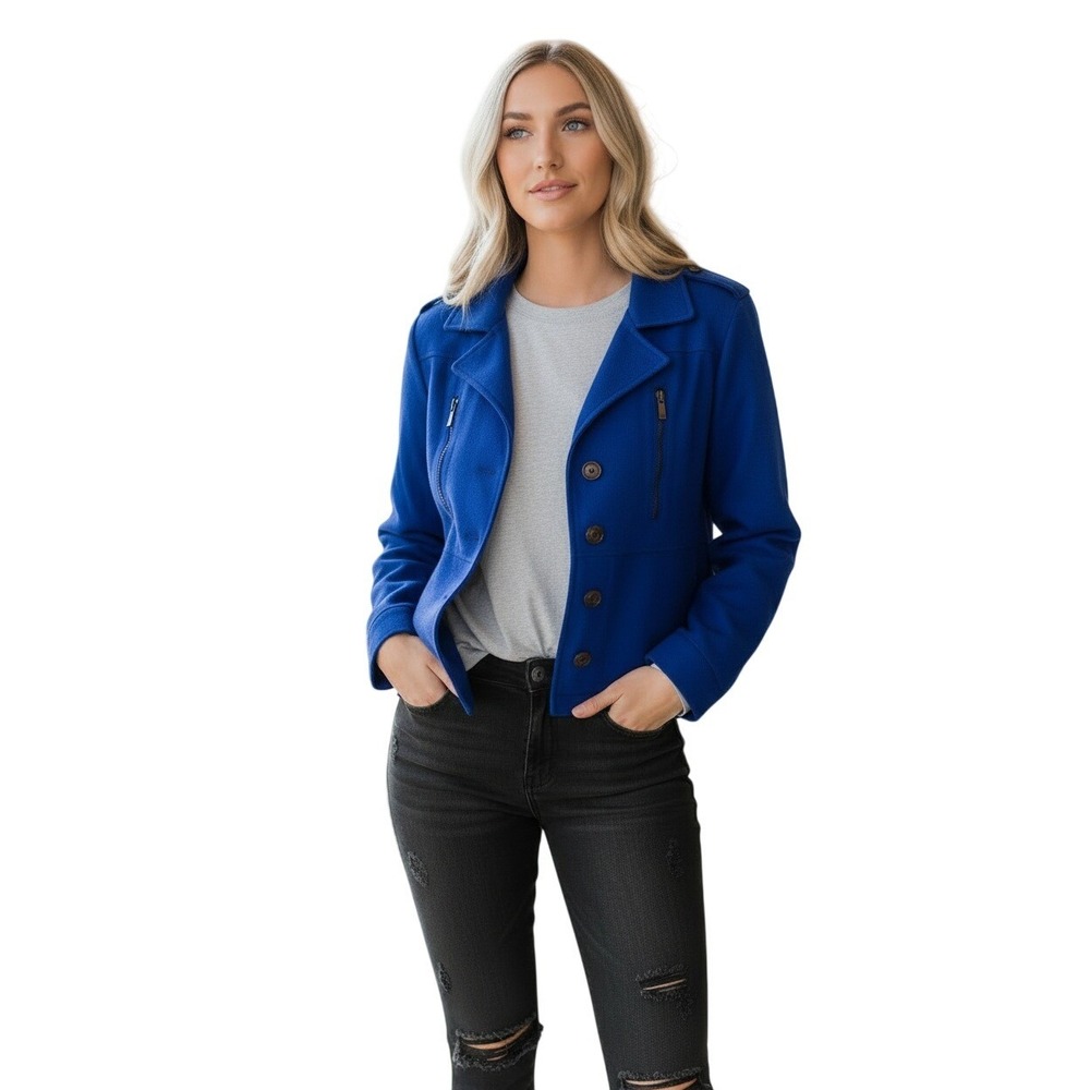 Banana Republic Petite M Royal Blue Utility Jacket Button Zip; Cotton/ Linen